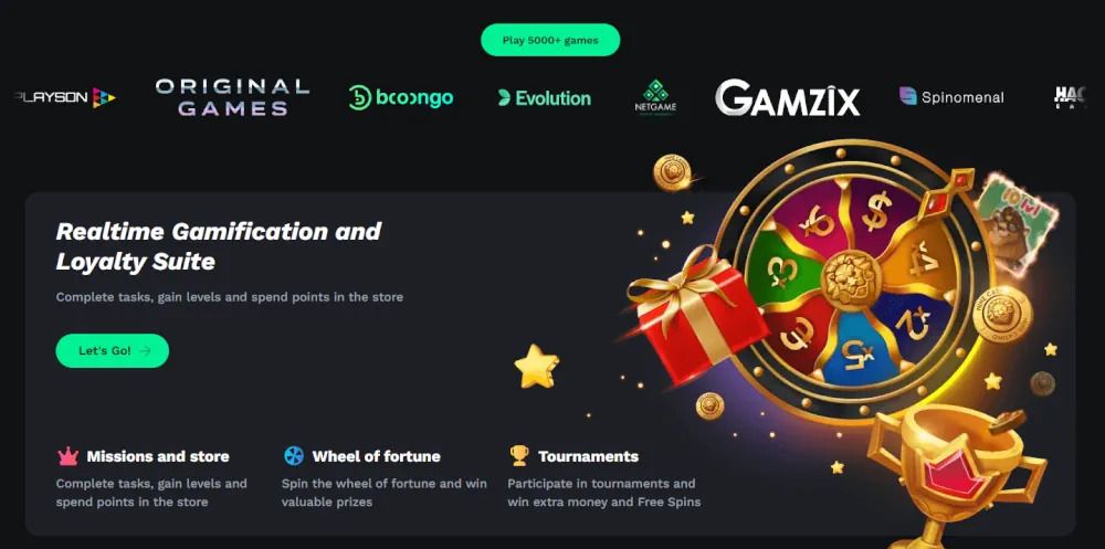 Suite de fidelidade Bet On Red com uma roda da fortuna interativa e missões de recompensa.